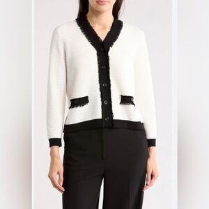 Adrianna Papell Cream and Black Fringe-Trim Button Cardigan